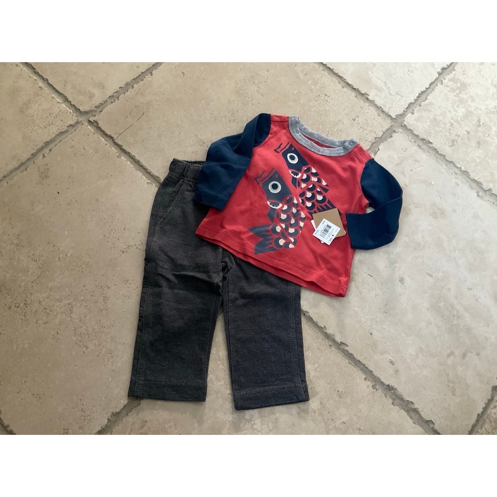 Tea Collection Baby Boy's Outfit 3-6m Fish Shirt & Denim-Like Carpenter Pants